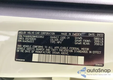 2022 Volvo Xc60 Recharge Plug-In Hybrid T8 Inscription Expression Extended Range from USA, damaged, VIN YV4H60DZ8N1033952